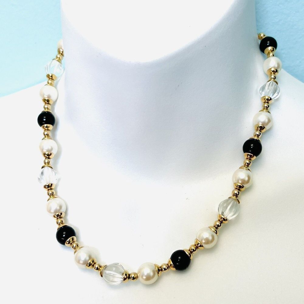 Vintage Clear Black Lucite Pearl Beaded Gold Tone Necklace Colkar Necklace 1013